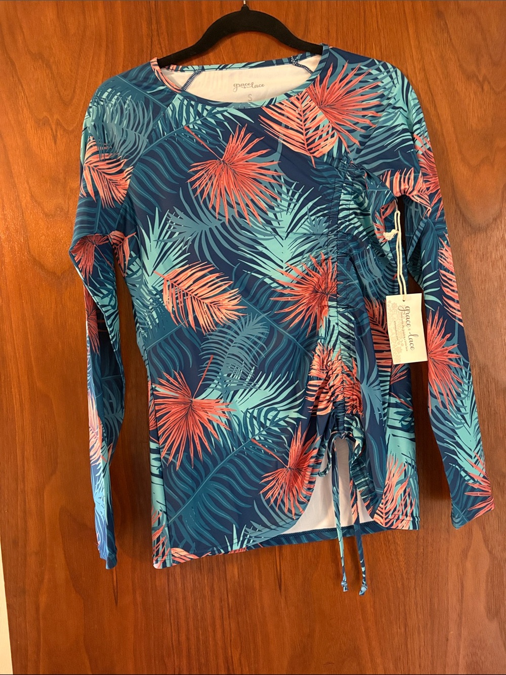 Grace & Lace Teal Tropical Ruched Long-Sleeve Top and swim skirt set